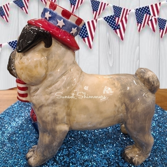Patriotic Blue Sky PUG DOG July 4th Red White Blue Stars w Bow Tie & Cupcake New - Picture 8 of 11